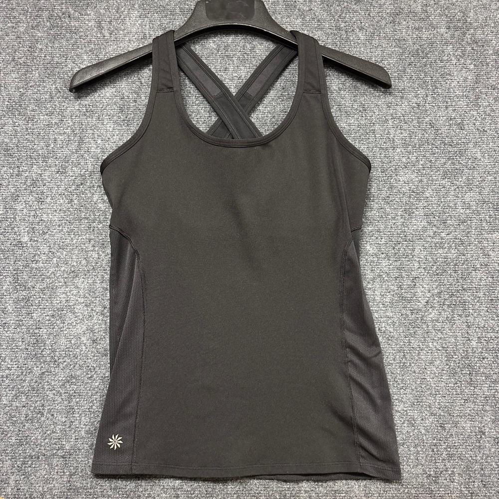 Athleta Tank Top Women Small Black Criss Cross Back Mesh Trim Yoga Gym Workout